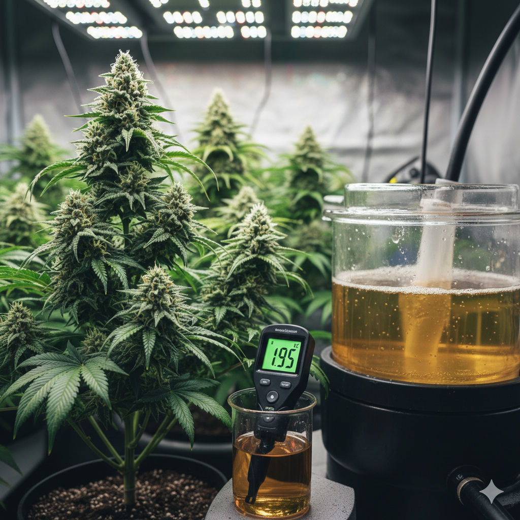 Präzises Nährstoff-Management im Homegrow: Mineralische Düngung und EC-Wert-Kontrolle für maximale Erträge, passend zum eacygrow Precision-Growing-Ansatz.