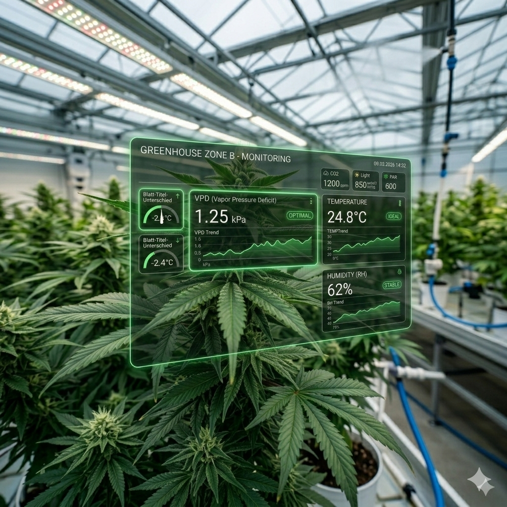 Quadratische Nahaufnahme einer Cannabispflanze mit einem futuristischen grünen Digital-Display, das Echtzeit-Klimadaten wie einen optimalen VPD-Wert, Temperatur und Luftfeuchtigkeit anzeigt.
