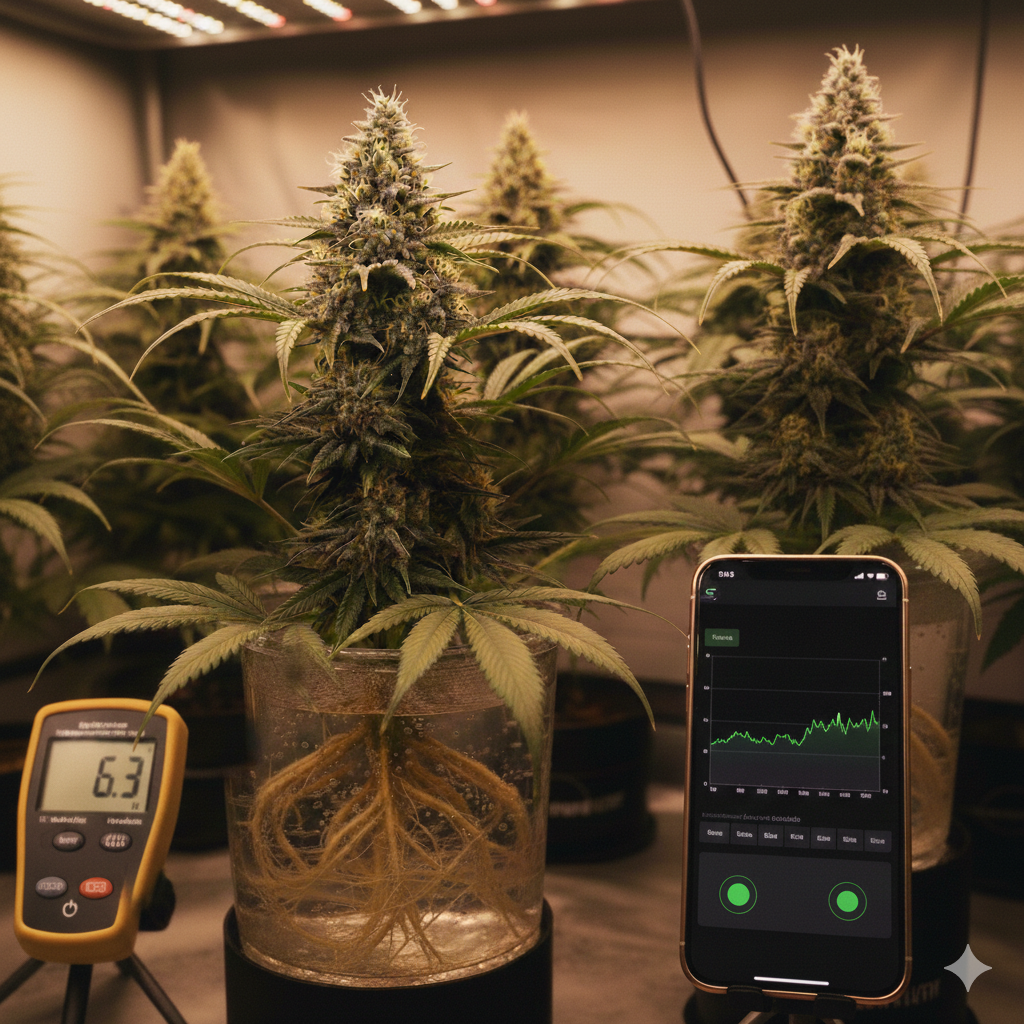 Messung der elektrischen Leitfähigkeit (EC-Wert) einer Nährstofflösung für den Anbau in DWC; Fokus auf präzise Düngerkonzentration für gesundes Wurzelwachstum.