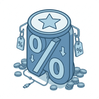 A stylized container with a star on top, surrounded by coins and price tags, featuring a percentage symbol.