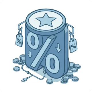 A stylized container with a star on top, surrounded by coins and price tags, featuring a percentage symbol.