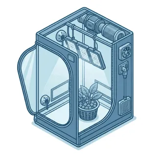 A small indoor greenhouse with a plant, light panels, and ventilation system, enclosed in a transparent structure.