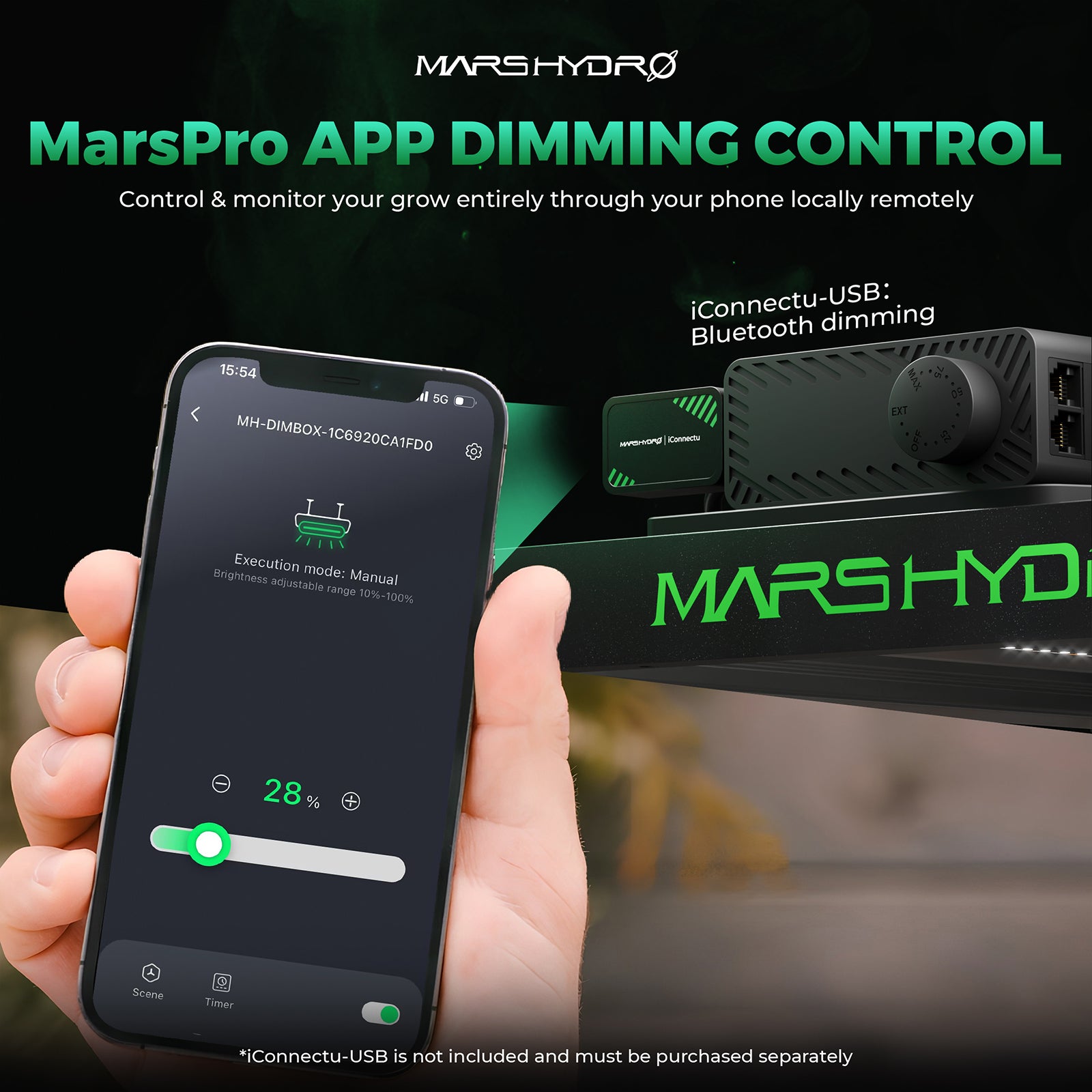 Smartphone mit MarsPro App zeigt die Dimm-Einstellungen für Mars Hydro LEDs.
