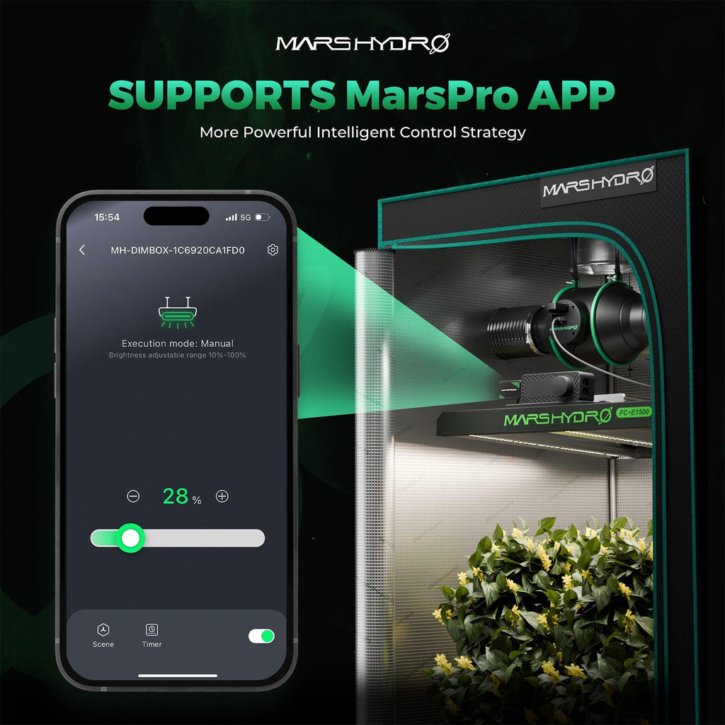 Smartphone mit MarsPro App zeigt die Dimm-Einstellungen für Mars Hydro LEDs.