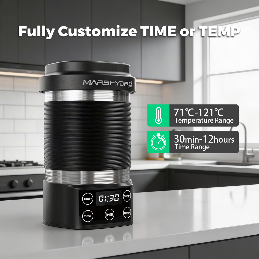 Mars Hydro Decarboxylator & Infuser with a sleek black design — fully customizable time and temperature settings for precise infusion.