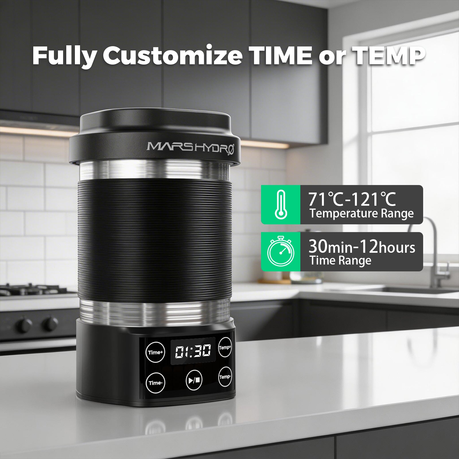 Mars Hydro Decarboxylator & Infuser with a sleek black design — fully customizable time and temperature settings for precise infusion.