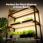 Mars Hydro VG40 LED 40W grow light bar in black and aluminum, shown mounted on a plant shelf and grow rack