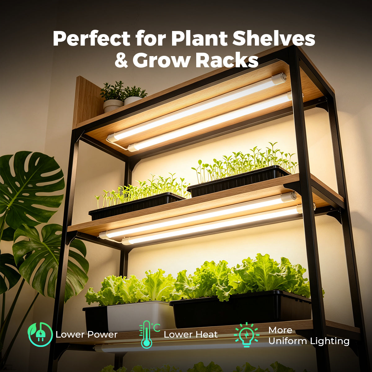 Mars Hydro VG80 LED 80W grow light in black with two tube bars, shown mounted on a plant shelf