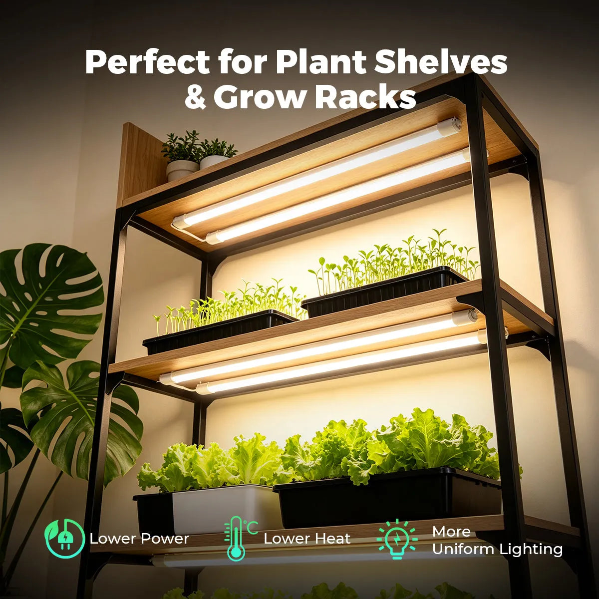 Mars Hydro VG80 LED 80W grow light in black with two tube bars, shown mounted on a plant shelf