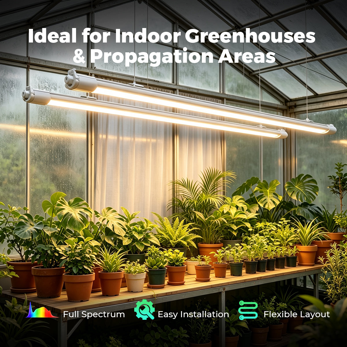 Mars Hydro VG40 LED 40 W LED grow light bar with aluminum housing, hanging over indoor plants in a greenhouse