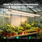 Mars Hydro VG40 LED 40 W LED grow light bar with aluminum housing, hanging over indoor plants in a greenhouse