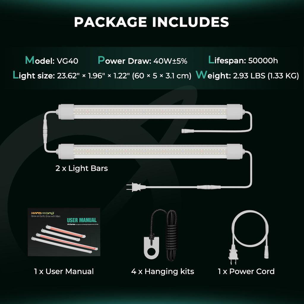 Mars Hydro VG40 LED grow light bar in white with daisy chain function, includes two light bars and power cord