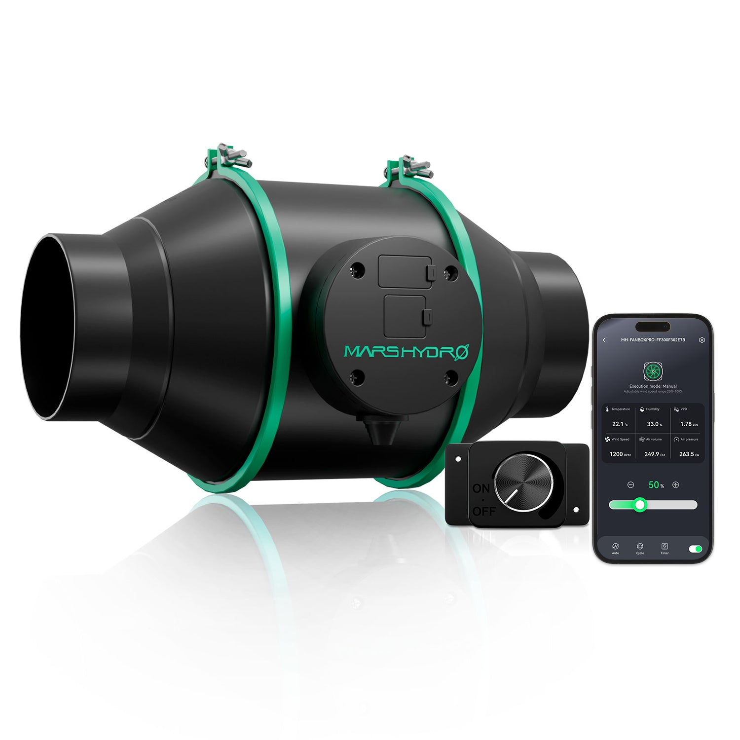 Mars Hydro iFresh 4 Zoll smarter Inline-Rohrlüfter für die Growbox-Abluft.