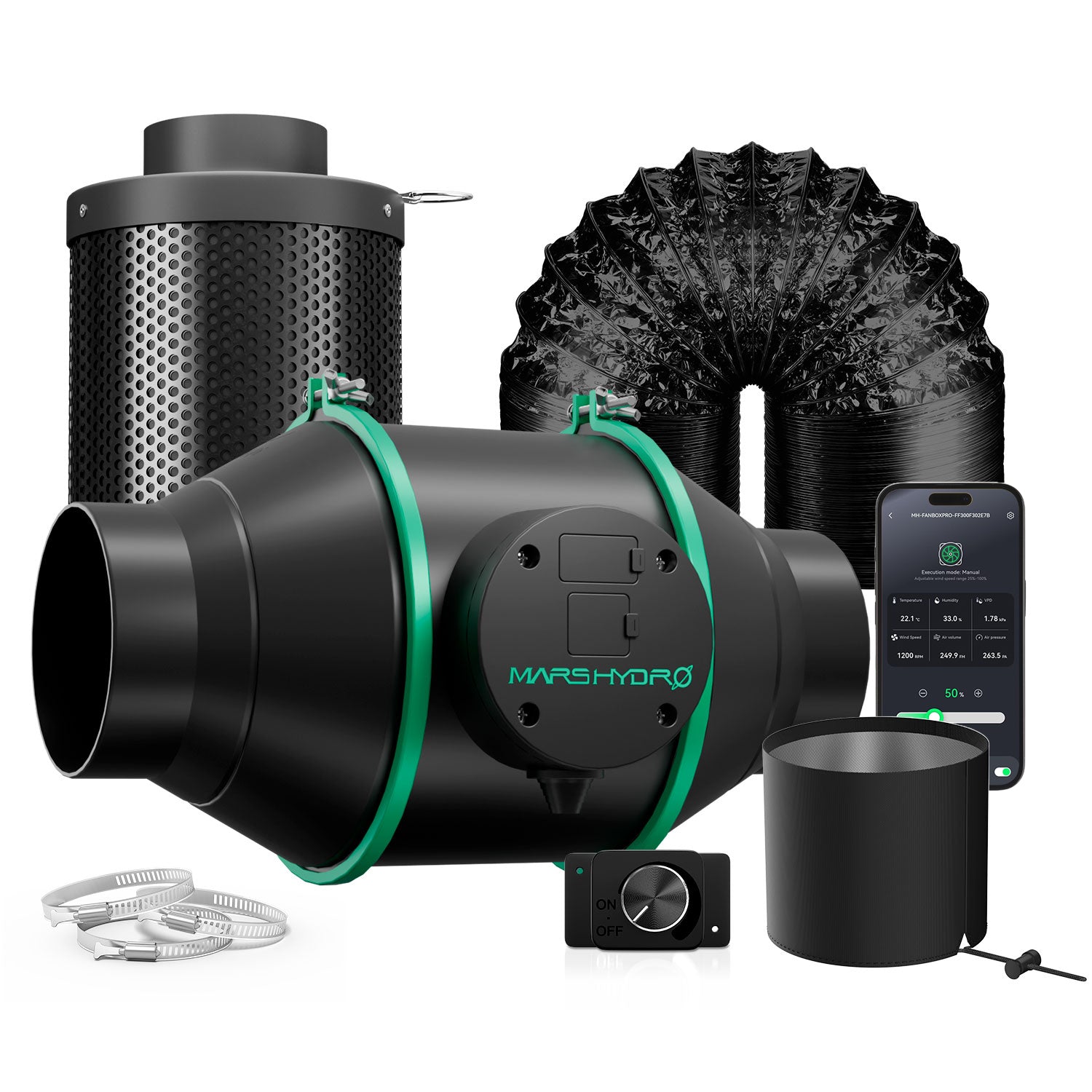 Mars Hydro iFresh ventilation set featuring a 100mm duct fan and refillable activated carbon filter — efficient airflow system for optimal growth