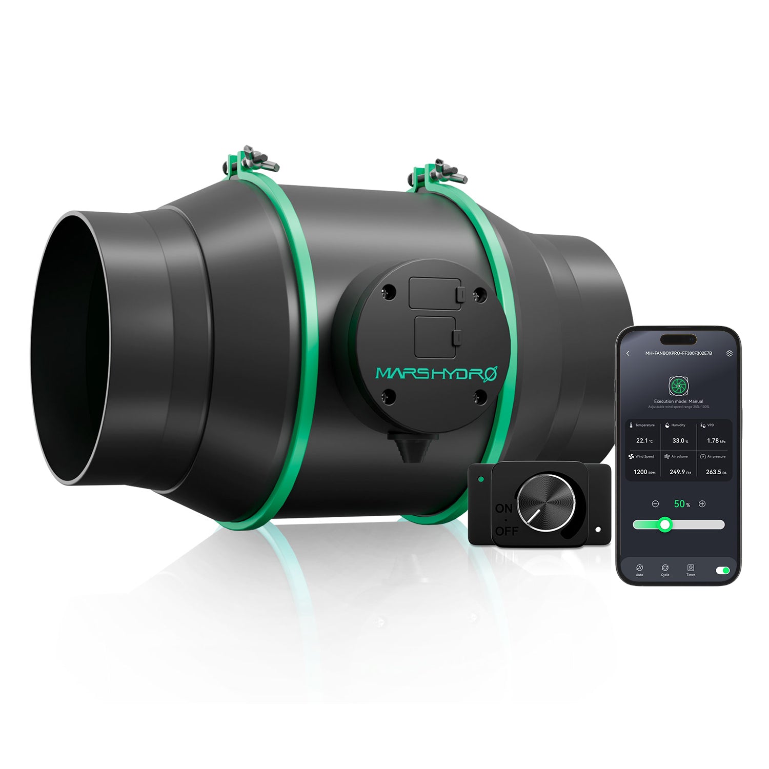 Mars Hydro iFresh 6 Zoll smarter Inline-Rohrlüfter für die Growbox-Abluft.
