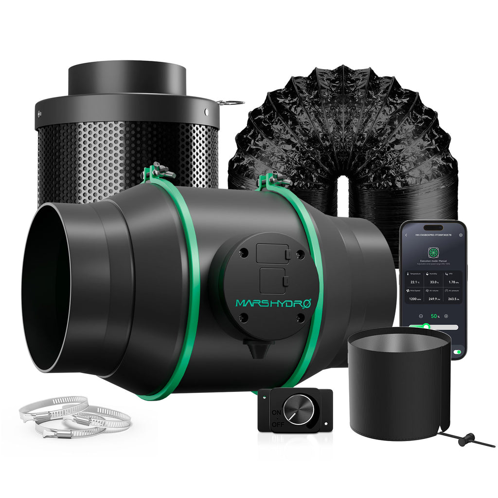 Mars Hydro iFresh ventilation set with a 150mm black fan and reusable activated carbon filter — efficient airflow system for indoor gardening