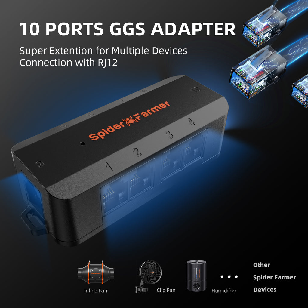 Smart power strip with 5 individually switchable outlets by Spider Farmer, black housing, integrated climate sensor for VPD monitoring