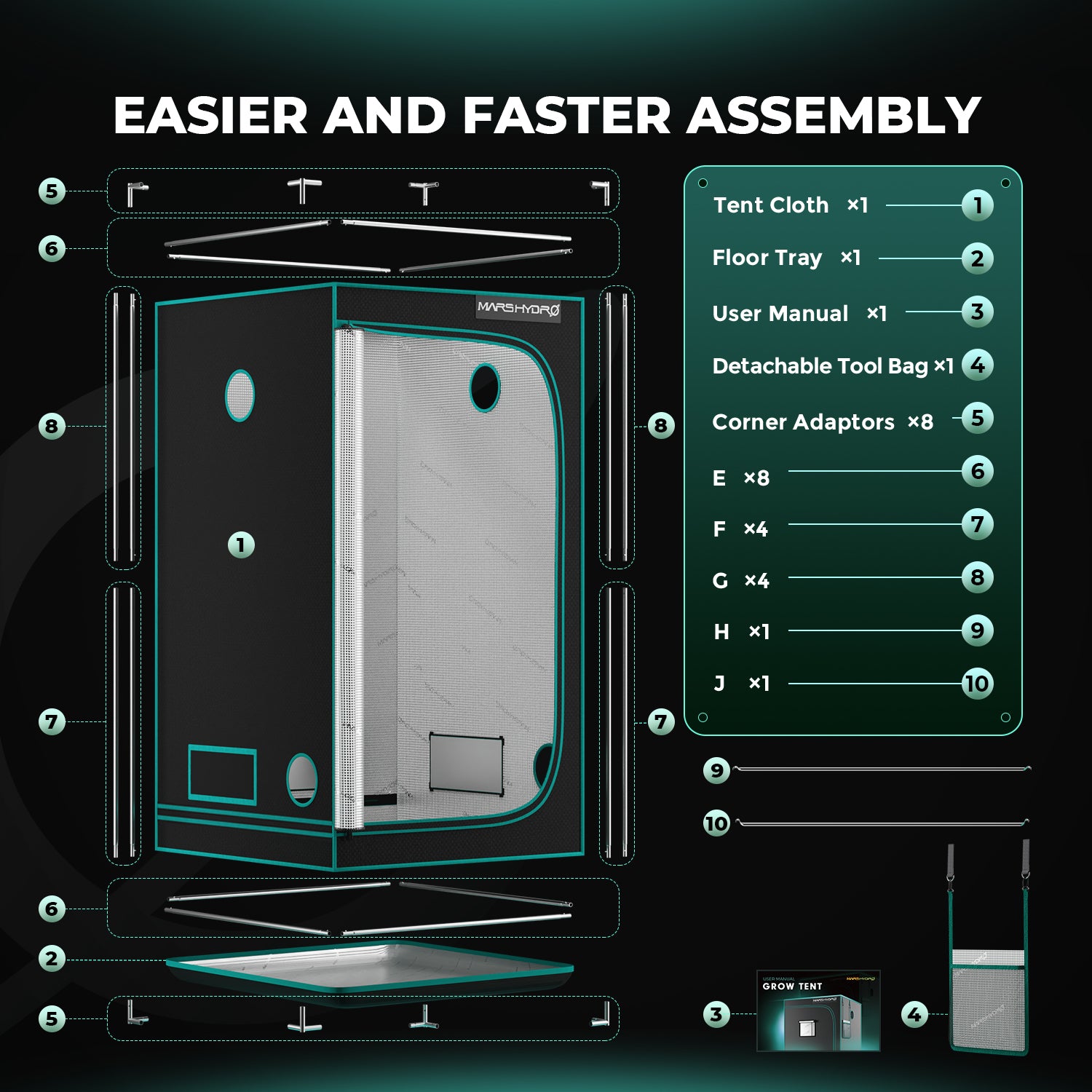 Mars Hydro grow tent kit with 1680D diamond mylar, shown in an indoor grow setup diagram with frame and components