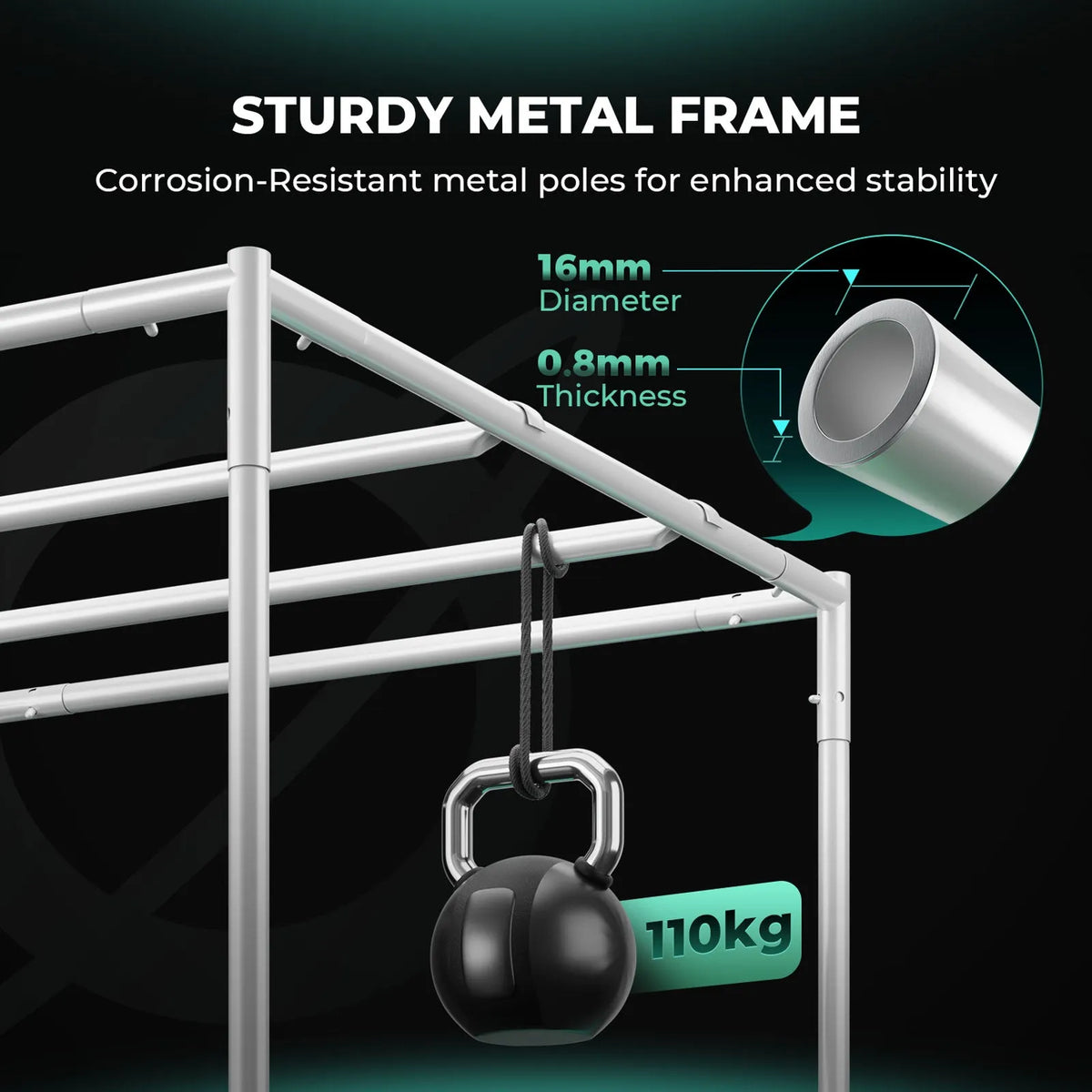 Grow tent frame with white metal poles, Mars Hydro TSW2000-B smart complete kit, 16 mm diameter and 0.8 mm thickness