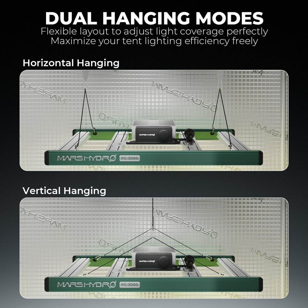 Mars Hydro grow tent set with iControl smart controller, 100 x 100 x 180 cm size, shown with dual hanging modes