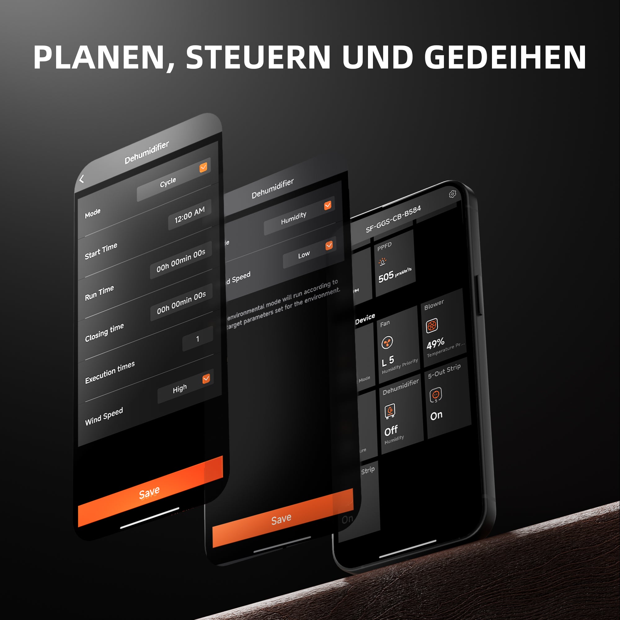 Mobile Klimakontrolle via Spider Farmer App – Überwachung der Luftfeuchtigkeit in Echtzeit und Fernsteuerung der Entfeuchter-Einstellungen für optimale VPD-Werte.