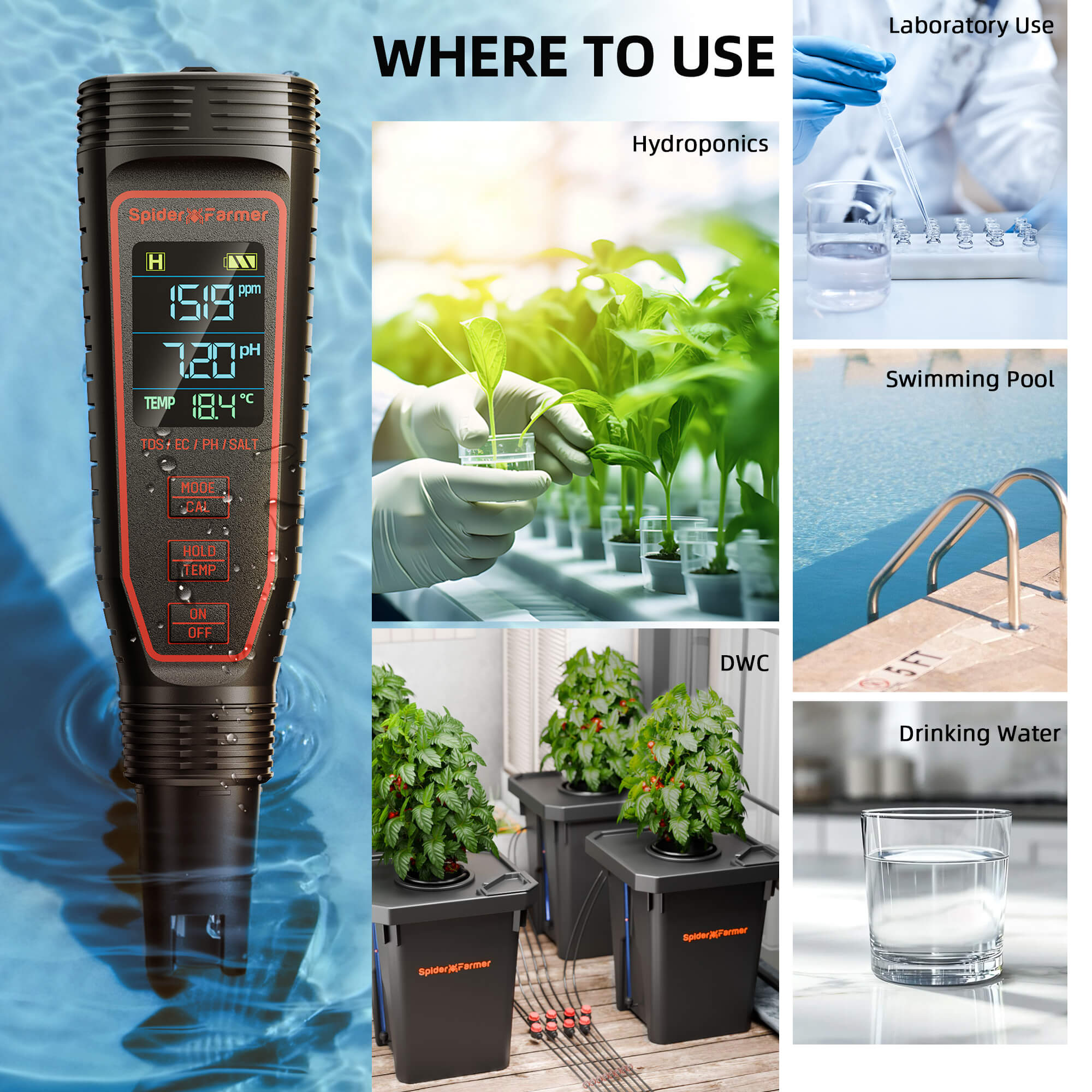 Spider Farmer 5-in-1 pH and EC meter with a sleek design — ideal for hydroponics and laboratory use, showcasing clear digital readings.