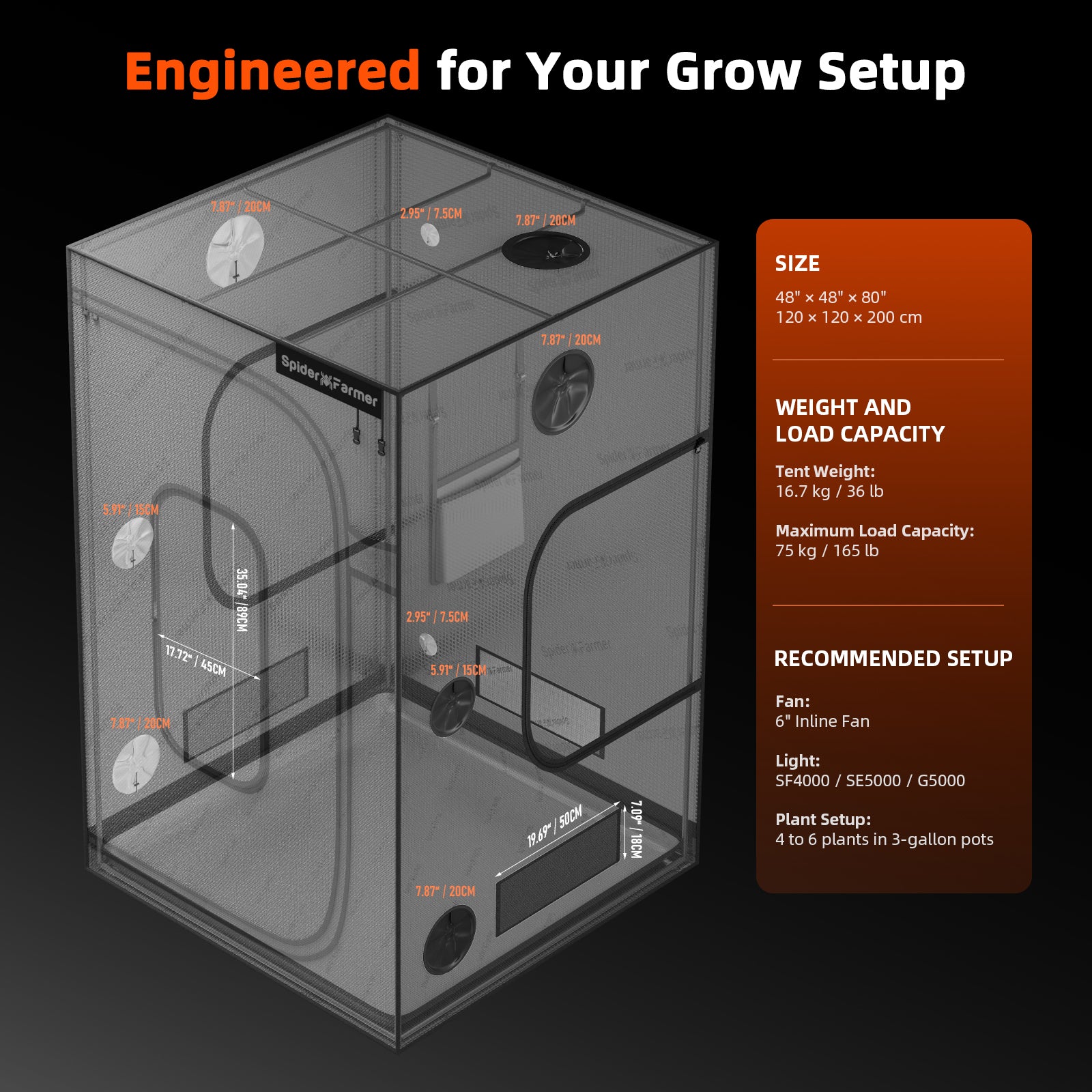Spider Farmer grow tent in gray with Mylar lining, 120 x 120 x 200 cm, with viewing window and lightproof design