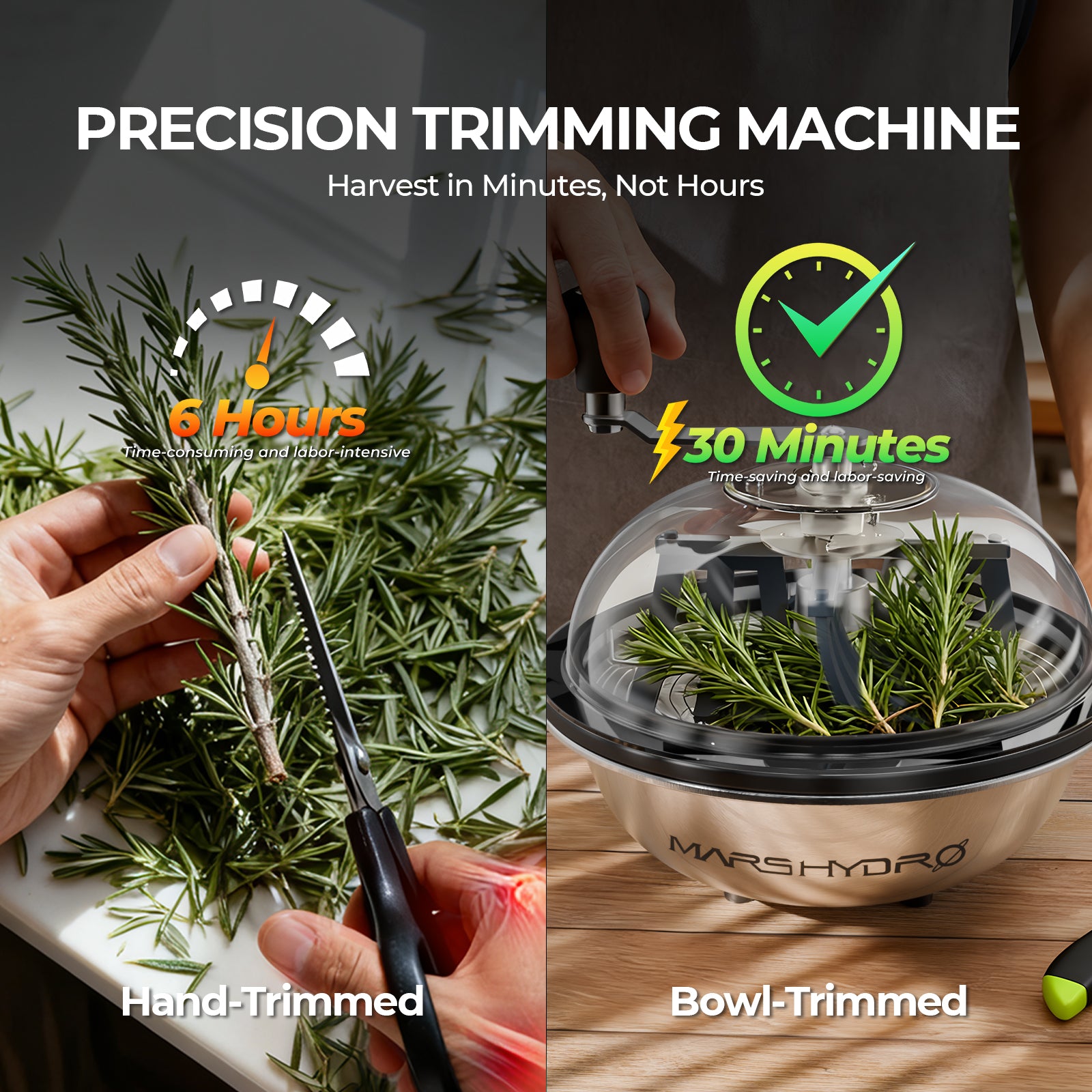 Effizienzvergleich zwischen manuellem Handschnitt und dem Mars Hydro Spin-Cut-System.