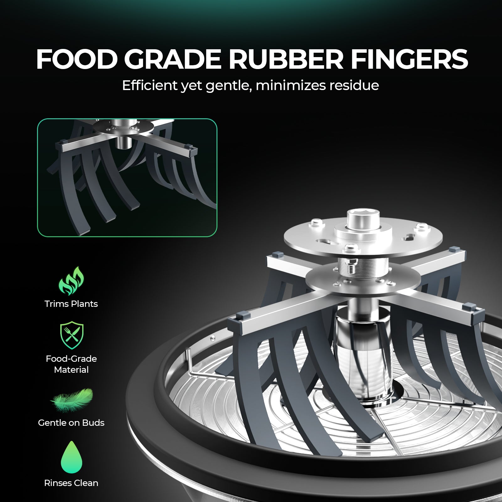 Nahaufnahme der Silikonfinger zur schonenden Bewegung des Pflanzenmaterials.