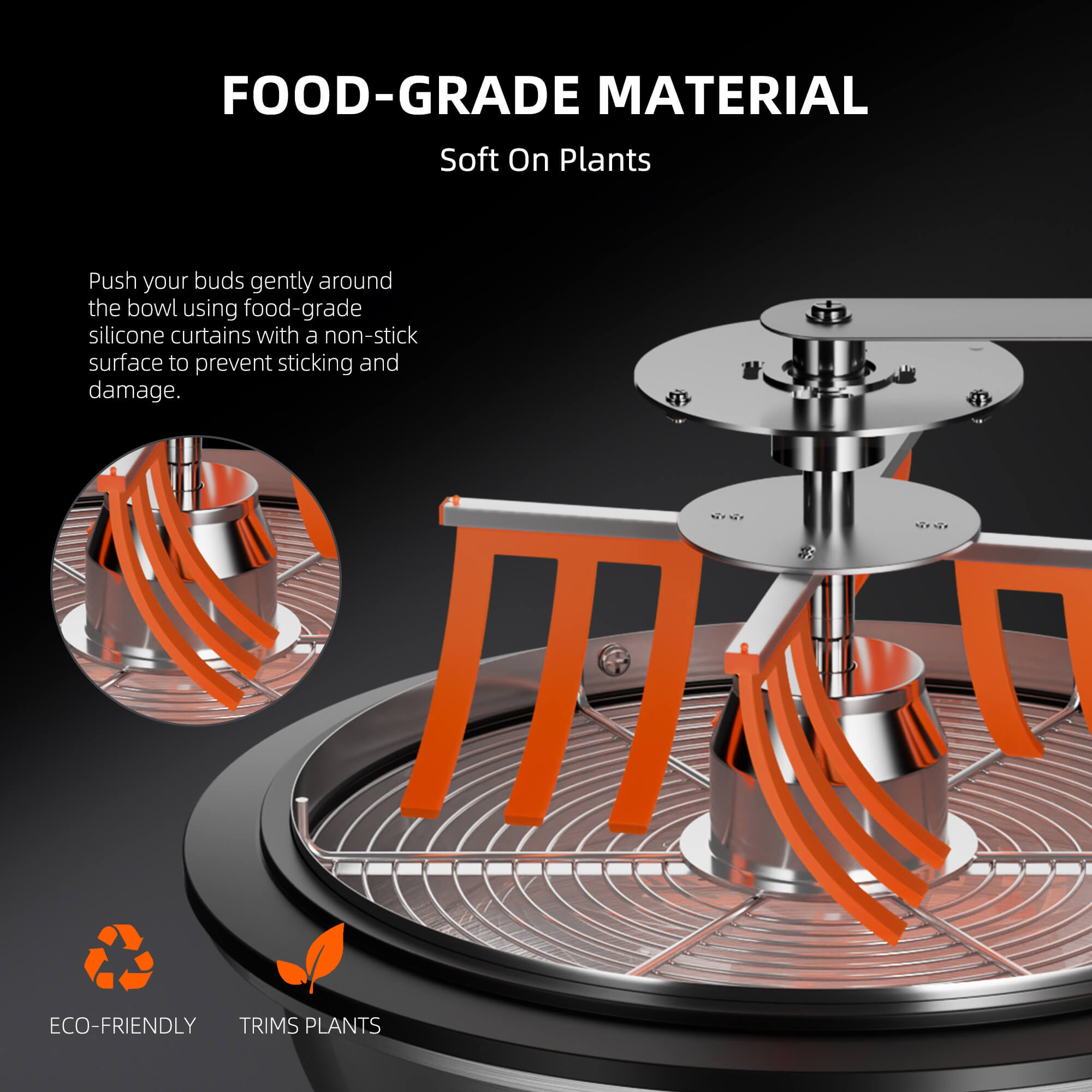 Innenansicht des Trimmers mit lebensmittelechten Silikonfingern zur Blütenführung.