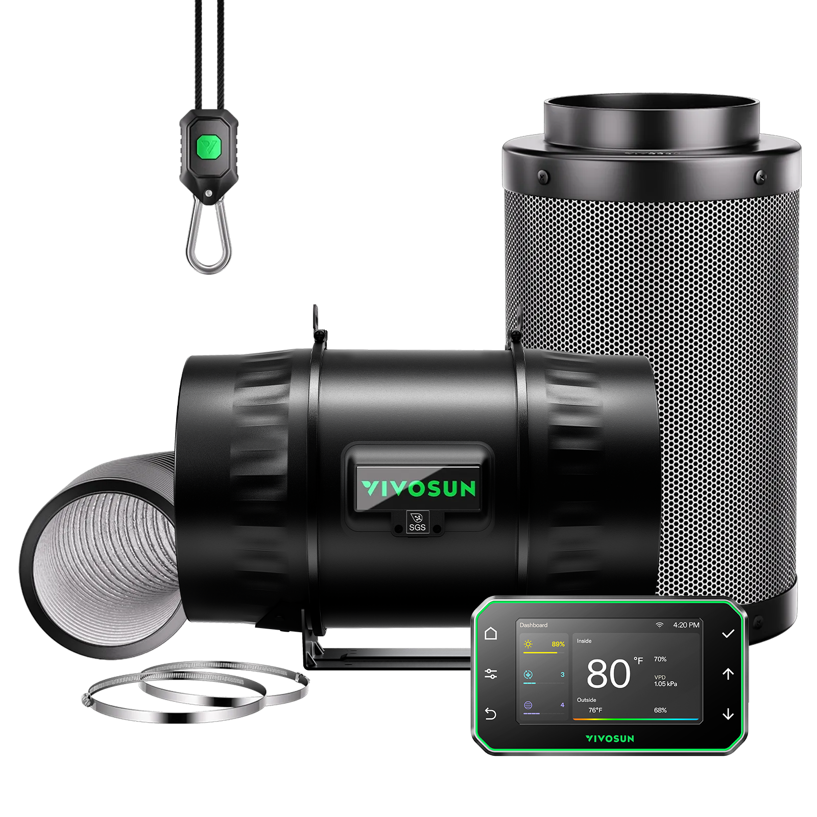 Vivosun Smart Exhaust Kit T8 Pro 200mm – 1413 m³/h + GrowHub