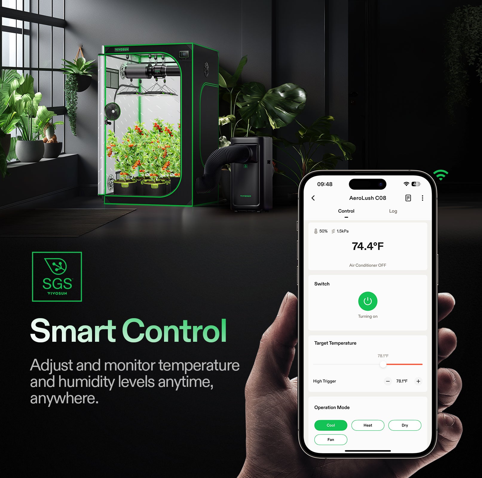 AeroLush C08 Smart Climate Device – 4-in-1 smart Vivosun climate control unit in black with green app screen.