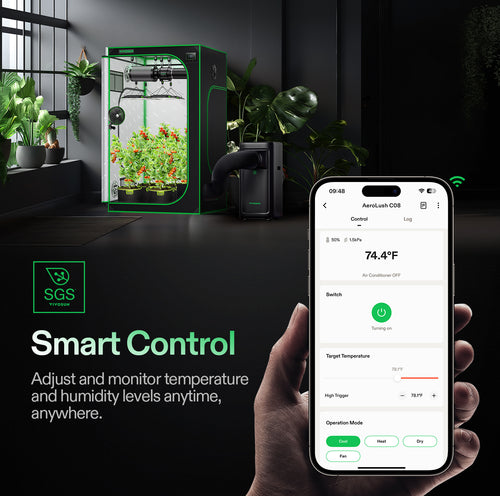 AeroLush C08 Smart Climate Device – 4-in-1 smart Vivosun climate control unit in black with green app screen.