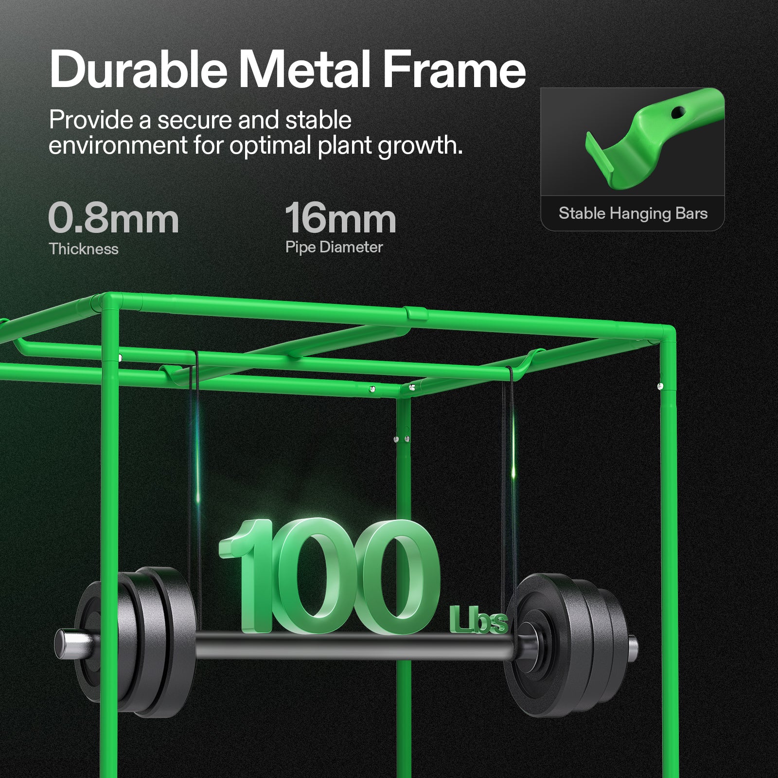 Vivosun growbox with green metal frame in 600D Oxford, 16mm pipe diameter