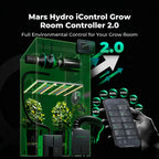 Mars Hydro iControl Grow Room Controller 2.0 graphic with grow tent, plants, lighting, ventilation, fan, and touchscreen