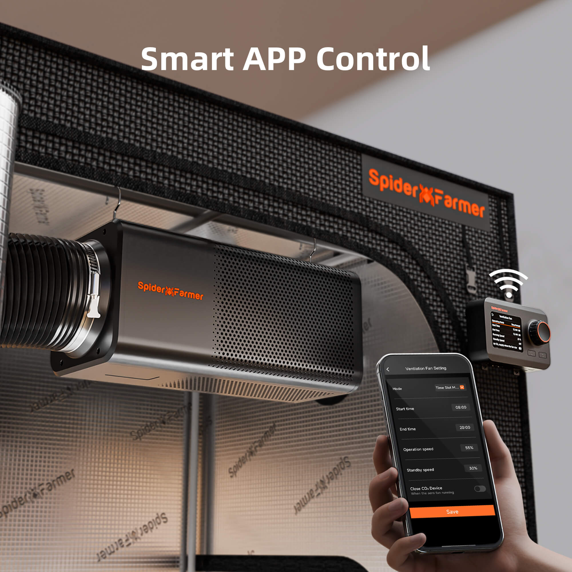 Spider Farmer 150mm 2-in-1 ventilation system with integrated carbon filter — sleek design featuring smart app control for optimal airflow.