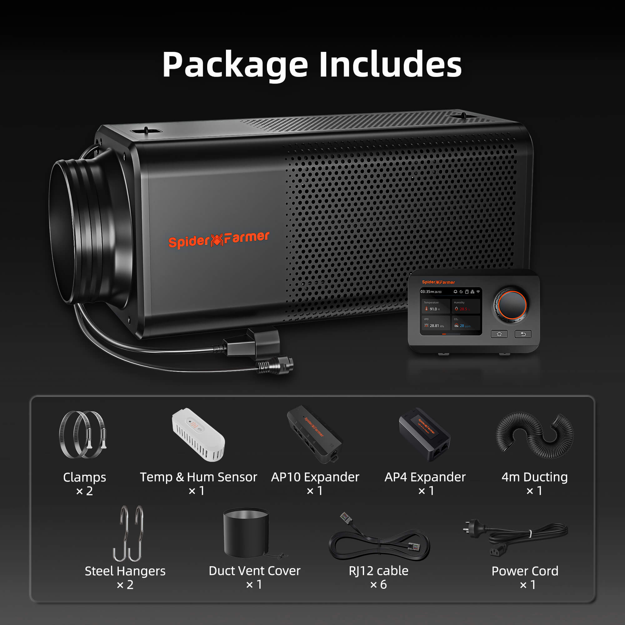 Spider Farmer 150mm 2-in-1 ventilation system with integrated activated carbon filter — sleek design and advanced GGS controller for optimal airflow.