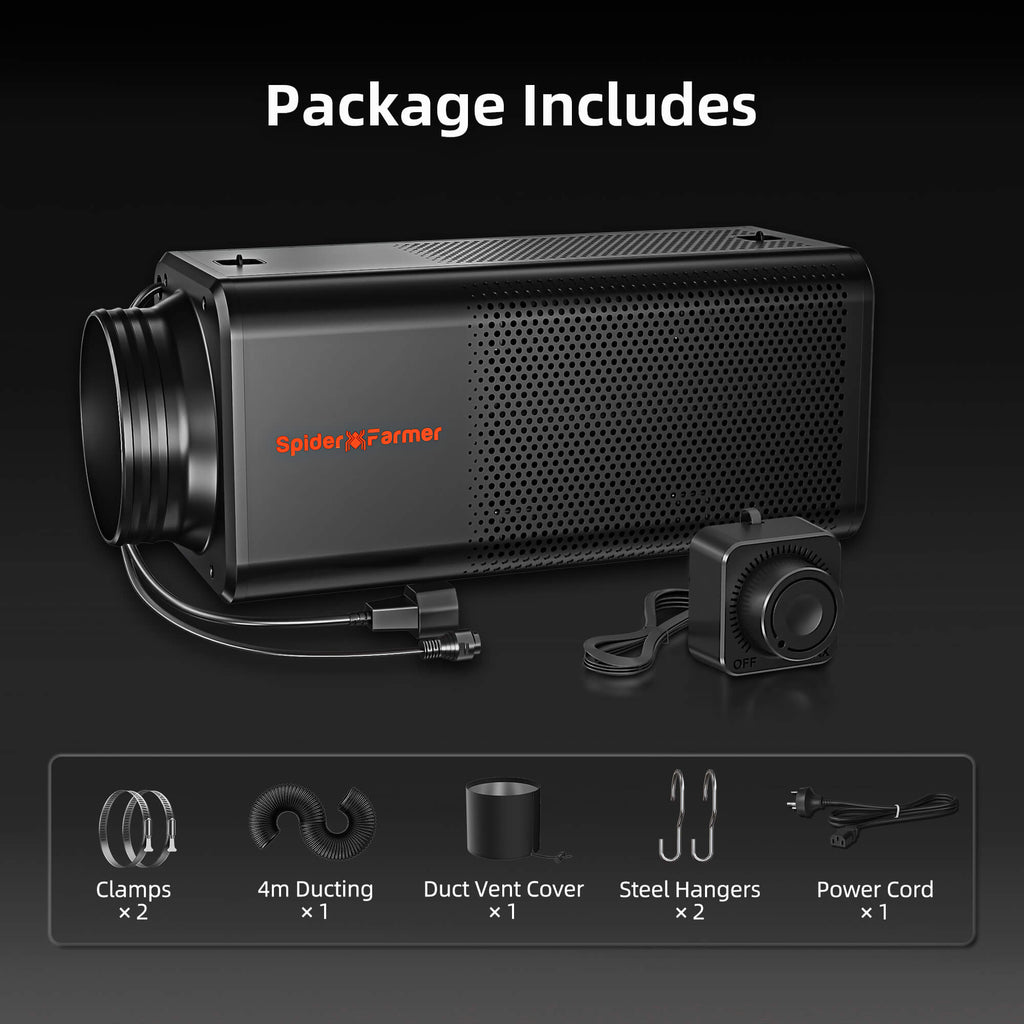 Efficient Spider Farmer 150mm 2-in-1 ventilation system with integrated activated carbon filter and speed controller.