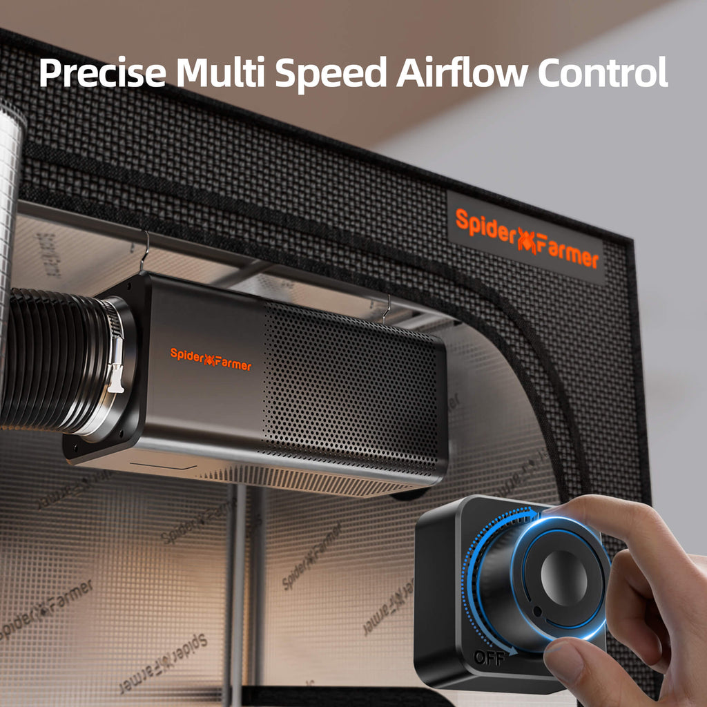Spider Farmer 150mm 2-in-1 ventilation system with integrated carbon filter — features precise multi-speed airflow control for optimal performance