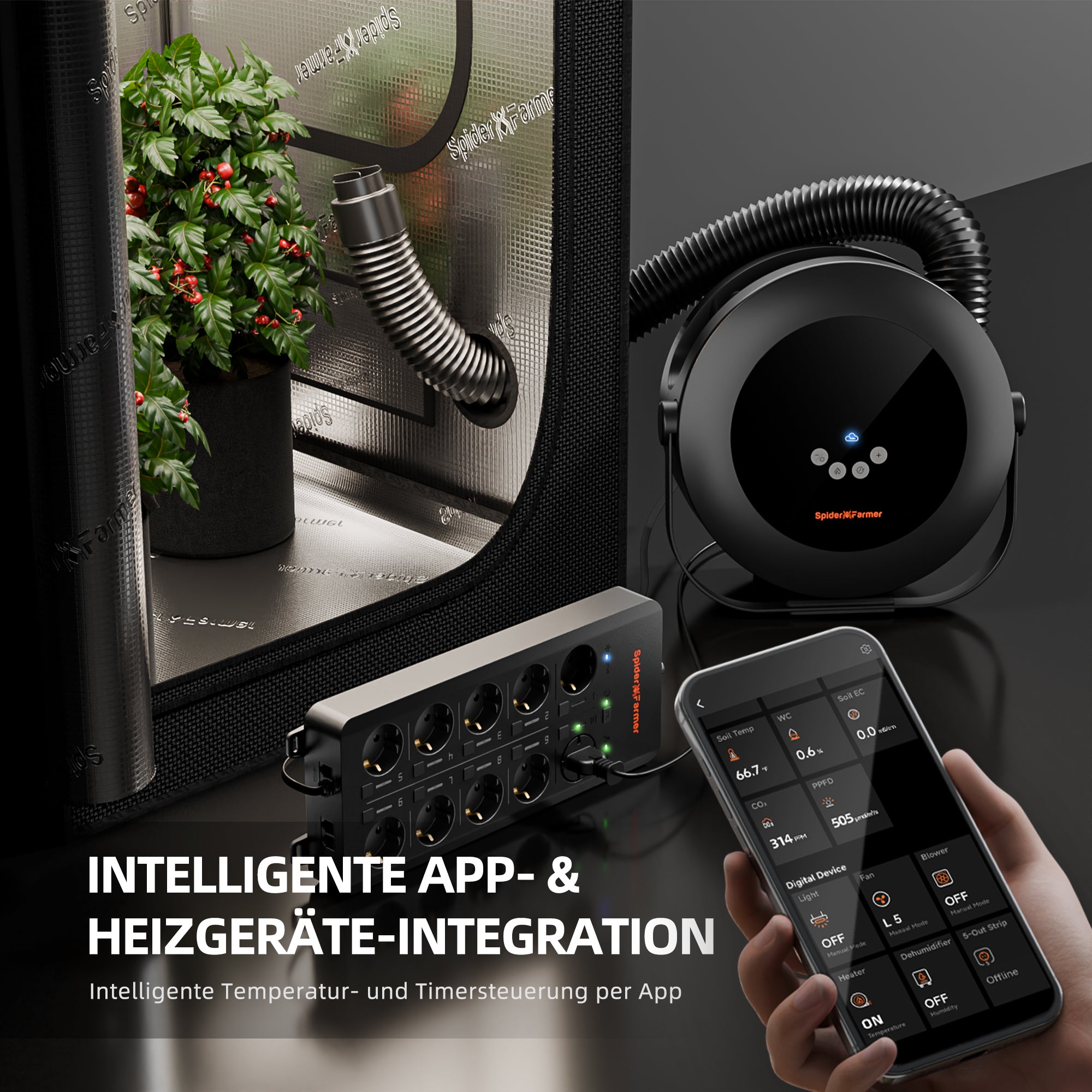 Fernsteuerung des Spider Farmer Heizers via App – Überwachung der Temperatur und Einstellung von 10 Heizstufen sowie Tag-/Nacht-Modi direkt vom Smartphone aus.

3. Fokus: Der 160 cm W