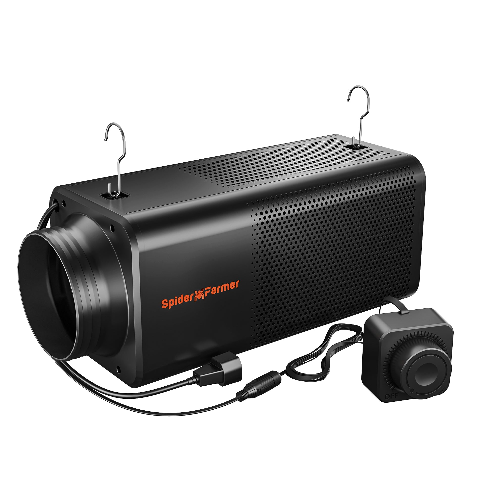 Spider Farmer 150mm 2-in-1 ventilation system with integrated carbon filter — sleek black design featuring a speed controller