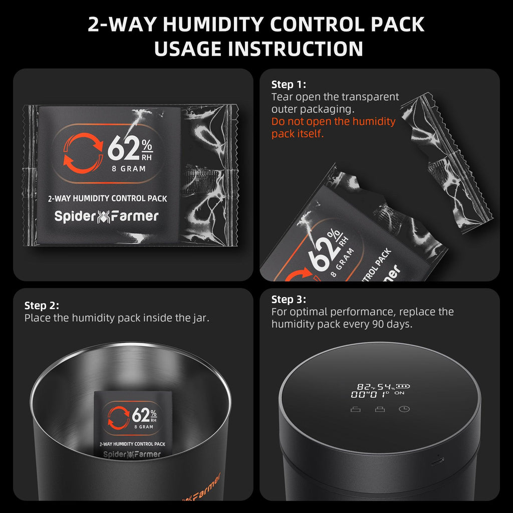 Spider Farmer 2L Auto-Cure Smart Jar featuring a sleek black design — includes humidity control pack for optimal curing.