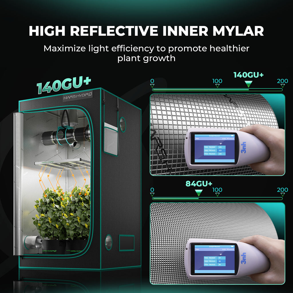 Mars-Hydro-Growbox-Mylar-Reflektion-Innen: Detailaufnahme der hochreflektierenden Mylar-Innenbeschichtung für 10-15% höhere Lichtausbeute.