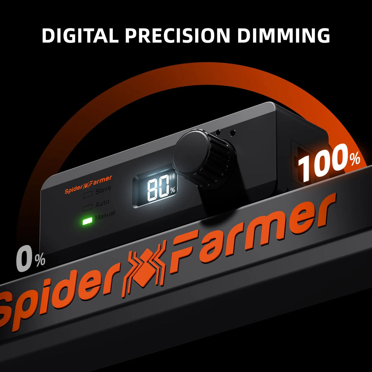 Black digital precision dimming controller with display showing 80 percent, rotary knob, green indicator, and orange branding
