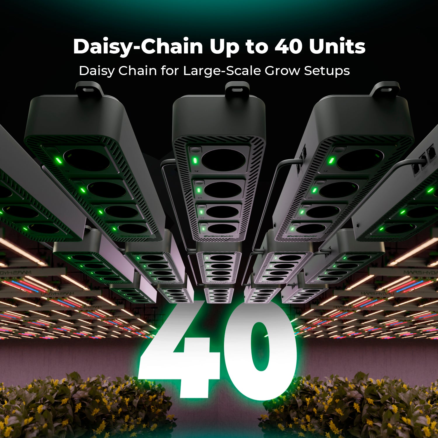 Skalierbares Mehrzonen-Setup mit Mars Hydro iHub-4AC – Bis zu 40 Einheiten in Reihe schaltbar für die professionelle Automatisierung großer Anbauflächen und Grow-Räume.