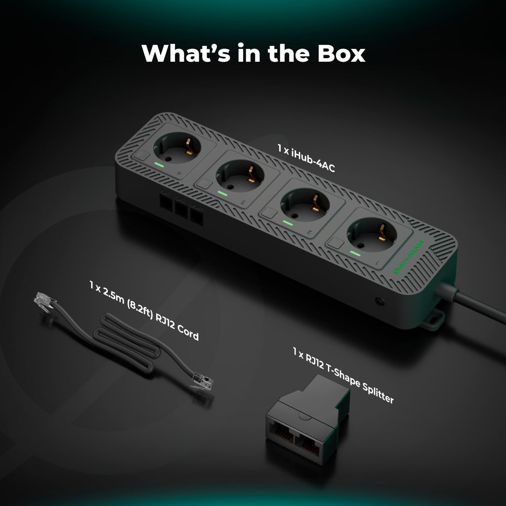 Lieferumfang Mars Hydro iHub-4AC 2.0 Set: 4-fach Steckdosenleiste, RJ12-T-Splitter und 2,5 m Verbindungskabel – Das ideale Add-On für das iControl-Ökosystem.