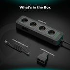 Lieferumfang Mars Hydro iHub-4AC 2.0 Set: 4-fach Steckdosenleiste, RJ12-T-Splitter und 2,5 m Verbindungskabel – Das ideale Add-On für das iControl-Ökosystem.