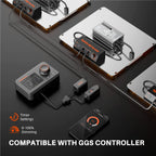 Black lighting controller with dial, timer settings, and handheld remote beside wired LED panels for 0 to 100% dimming