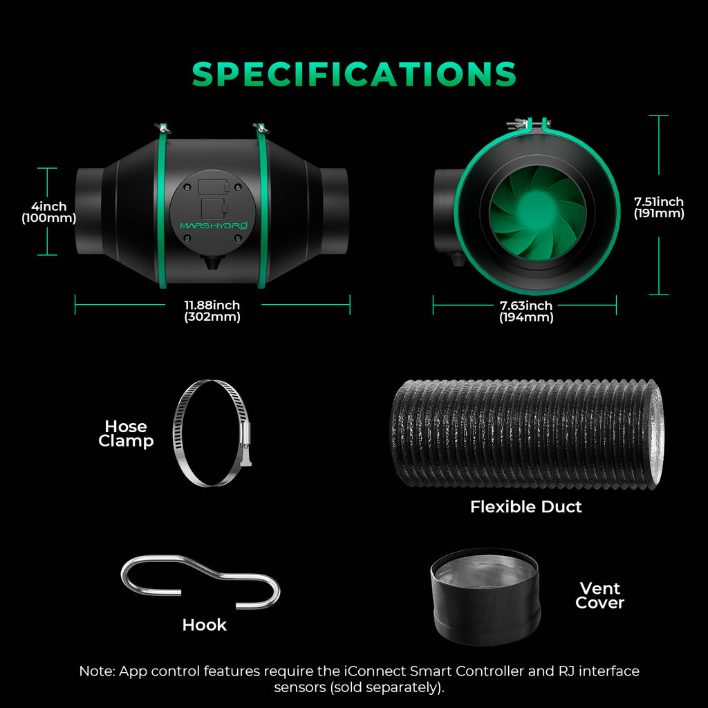 Mars Hydro TSW2000-B smart grow tent kit with flexible duct and hose clamp, shown with app controller note on black background