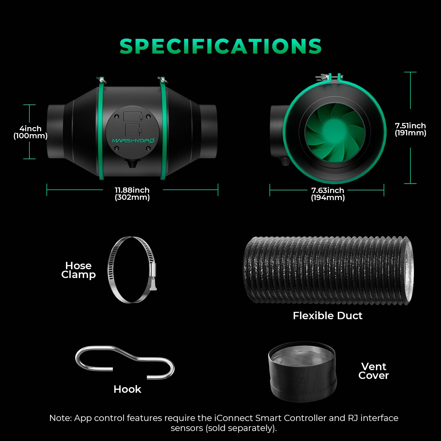 Mars Hydro TSW2000-B smart grow tent kit with flexible duct and hose clamp, shown with app controller note on black background